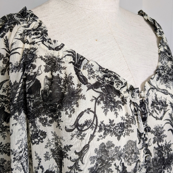 PAIGE Blouse 100% Silk Semi-Sheer Long Sleeves Toile Print Black Parchment S NWT - Picture 4 of 16